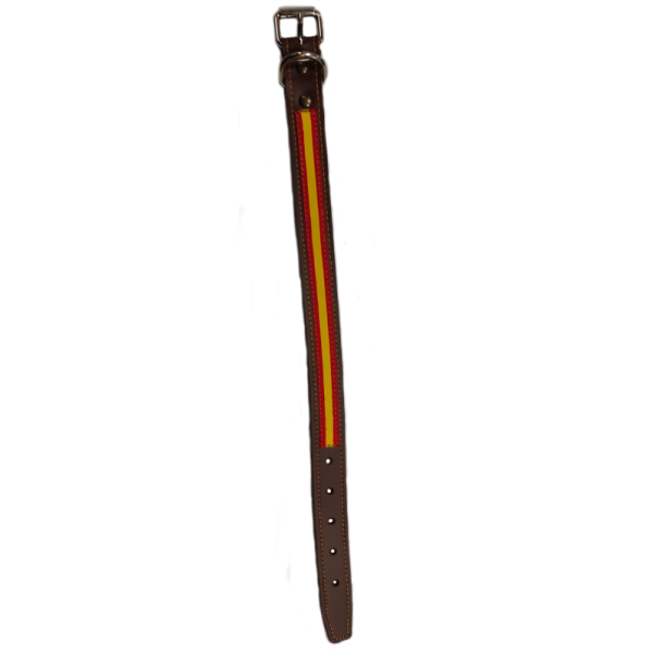 COLLAR DE PERRO CUERO MARRON CHOCOLATE  CON BANDERA ESPAÑA 46 x 2,4cm