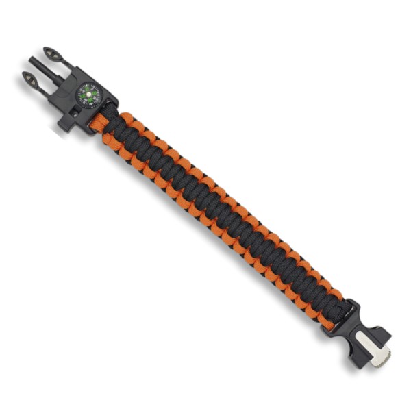 PULSERA PARACORD NARANJA / NEGRO CON BRÚJULA, ENCENDEDOR Y SILBATO